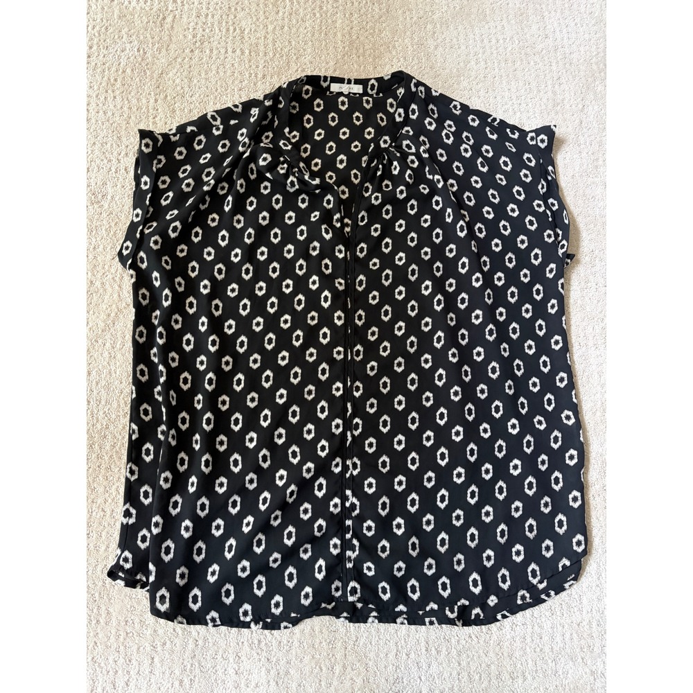 Pleione Womens XL Black White Geometric Ikat Print Cap Sleeve Blouse
